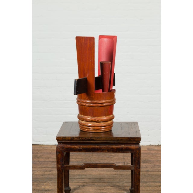 Japanese Vintage Grain Storage Jug with Red Lacquer and Calligraphy Decor For Sale In New York - Image 6 of 13