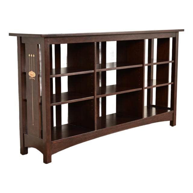 Stickley Harvey Ellis Collection Mission Arts & Crafts Inlaid Cherry Wood Slatted Triple Bookcase For Sale