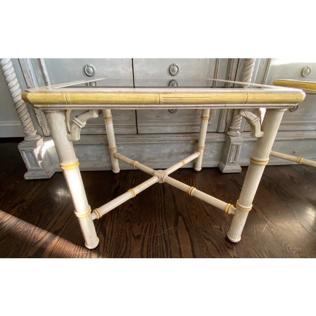 Traditional Pair Vintage Faux Bamboo Glass Top Tables For Sale - Image 3 of 8