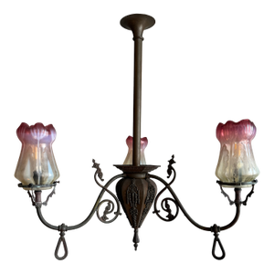 Antique Chandelier With Ornate Metal-Work and Pink Fluted Tulip Shades