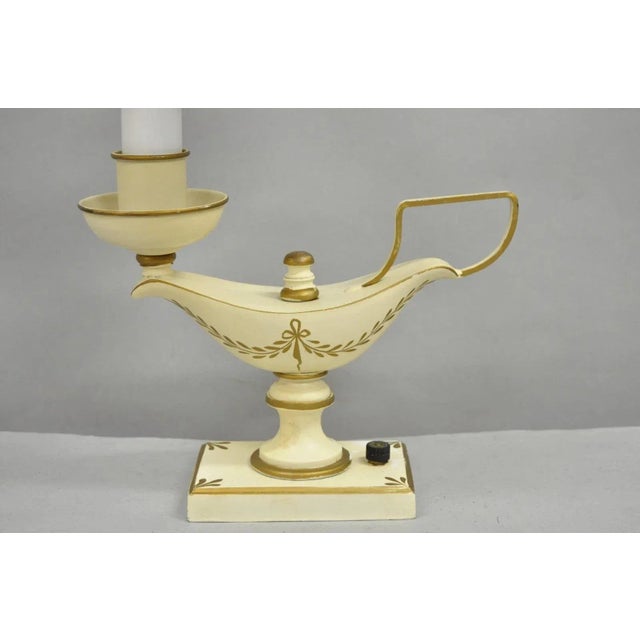 French Country Vintage French Country White Gold Small Genie Lantern Tole Bouillotte Desk Lamp For Sale - Image 3 of 11