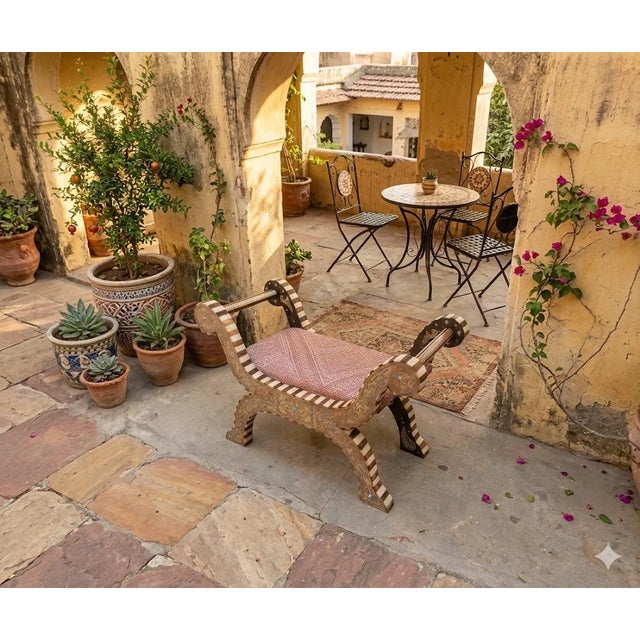 Moroccan Contemporary Traditional Moroccan Resin and Walnut Wood Bedside Bench / Red Tarz For Sale - Image 3 of 7