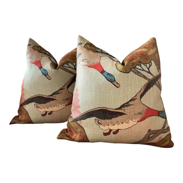 Lee Jofa “Flying Ducks" in Sky 22" Down-Filled Pillows - a Pair For Sale