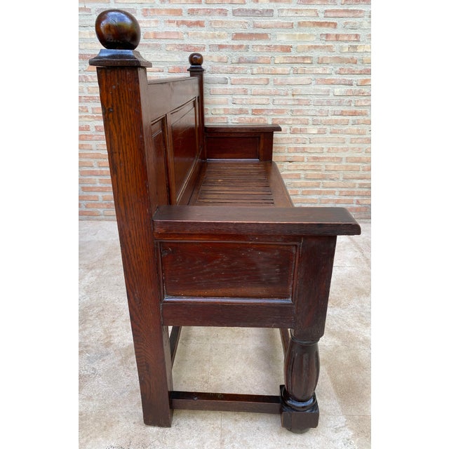 Antique Spanish Oak Bench With Paneled Back and Turned Legs For Sale - Image 13 of 14