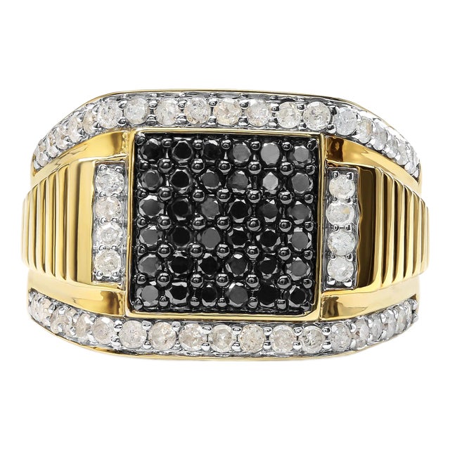Men's 14K Yellow Gold Plated .925 Sterling Silver 1 1/2 Cttw White and Black Treated Diamond Cluster Ring (Black / I-J Color, I2-I3 Clarity) - Size 12 For Sale