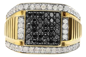 Men's 14K Yellow Gold Plated .925 Sterling Silver 1 1/2 Cttw White and Black Treated Diamond Cluster Ring (Black / I-J Color, I2-I3 Clarity) - Size 12