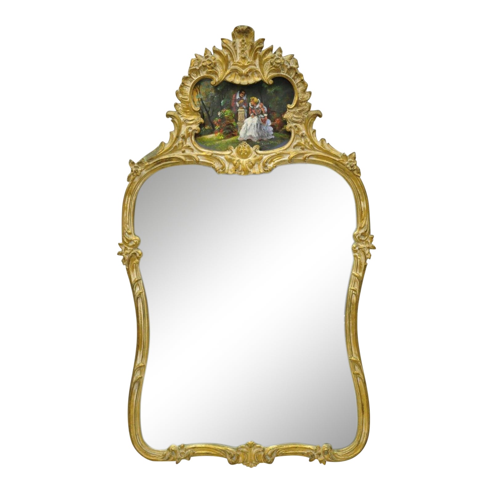 French Victorian Style Gold Giltwood Wall Mirror With Painted Courting