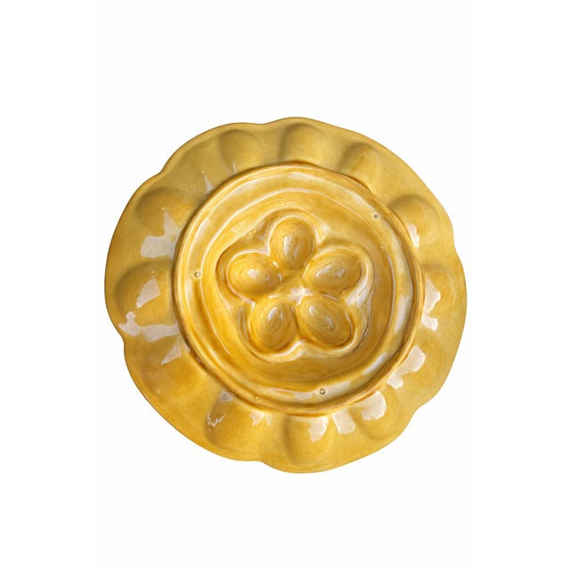Charming vintage mid-century majolica-style deviled egg platter featuring a sculptural molded form with individual egg...