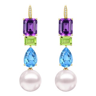 GemFusion 14.25ct Amethyst Peridot Topaz Diamond Pearl Convertible Drop Earrings in 14k Yellow Gold-Set of 2 For Sale