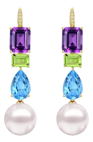GemFusion 14.25ct Amethyst Peridot Topaz Diamond Pearl Convertible Drop Earrings in 14k Yellow Gold-Set of 2