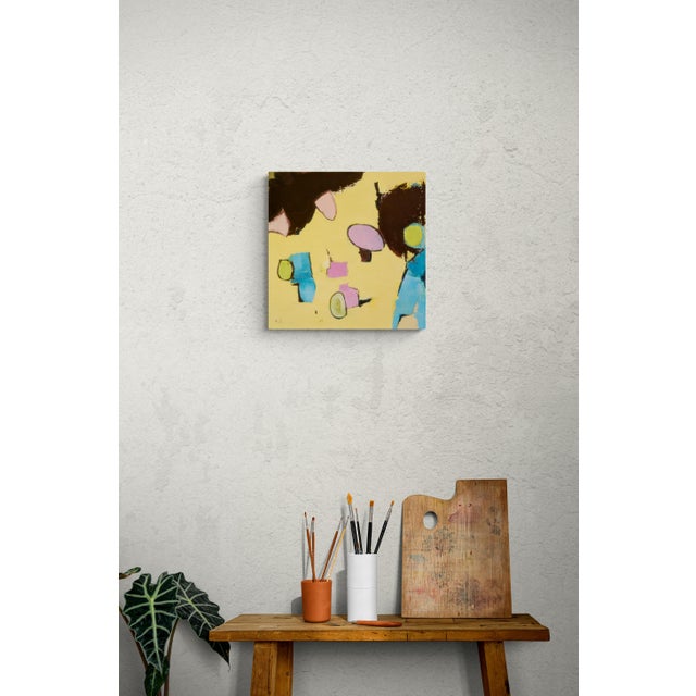 A luminous yellow ground frames two sweeping dark masses at the corners, creating a stage for a cast of vivid forms below...