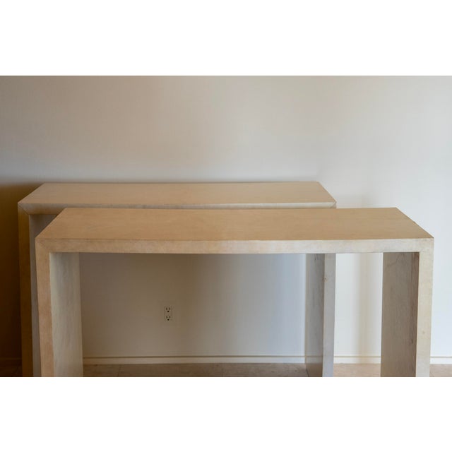 Art Deco 1980s Pair of Parchment Covered Console Tables (In the Manner of Jean-Michel Frank) For Sale - Image 3 of 14
