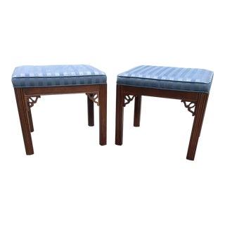 Pair of Vintage Chinese Chippendale Footstools or Bench in Blue Upholstery For Sale