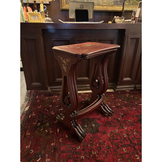 Chinoiserie 19th Century Chinese Export Red Lacquer Chinoiserie Nesting Tables – Set of Three, C. 1850–1890 [Sp] For Sale - Image 3 of 12