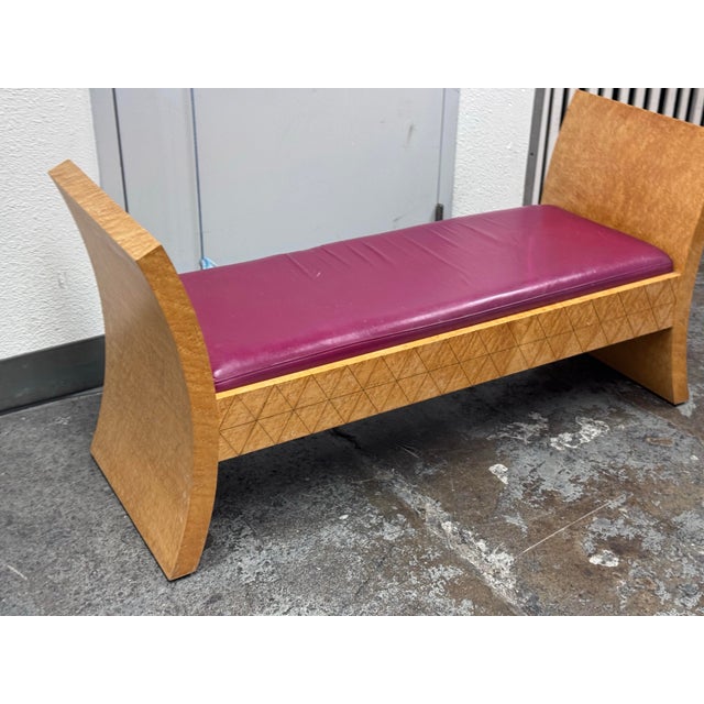 Brown Custom Design Birdseye Maple + Leather Bench For Sale - Image 8 of 12