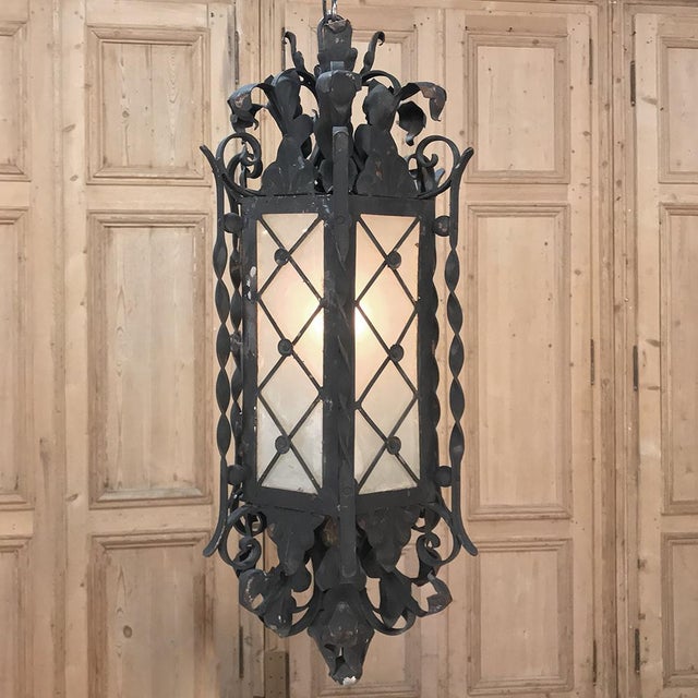 Antique Wrought Iron and Frosted Glass Lantern Chandelier Chairish