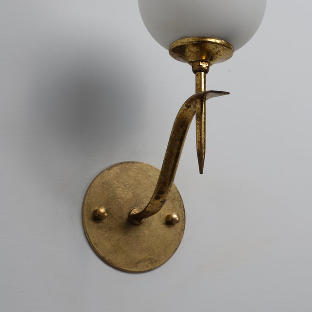 Gold Italian Brass and Opaline Glass Globe Wall Sconces, 1950s, Set of 2 For Sale - Image 8 of 11