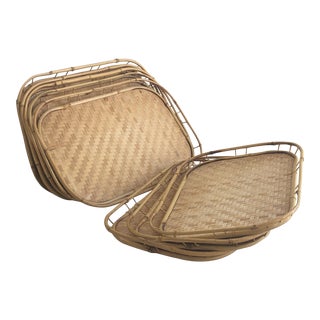 1960s Tiki Bamboo Rattan Serving Trays -- Set of 10 For Sale