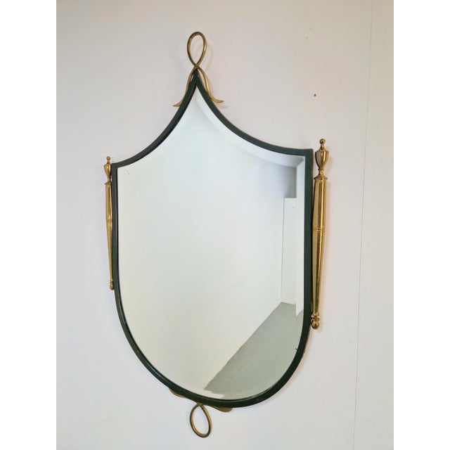 Metal Vintage Shield-Shaped Mirror with Metal Brass Frame, Italy, 1950s For Sale - Image 7 of 12