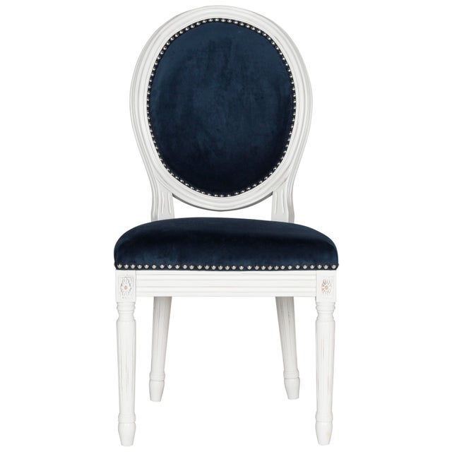 Modern 19''H French Brasserie Velvet Oval Side Chair With Silver Nailheads in Navy & Cream - a Pair For Sale - Image 3 of 7