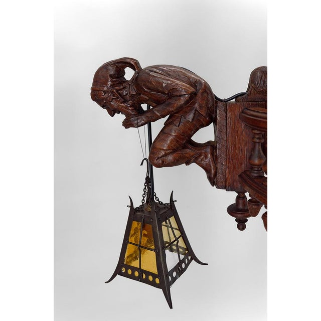 Gothic Chandelier Carved with Jesters & Lanterns, France, 1900s For Sale - Image 11 of 18