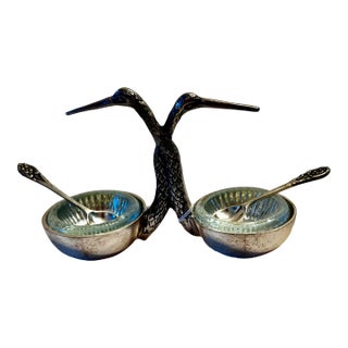 Stork Bird Salt & Pepper Server With Glass Inserts and Spoons For Sale