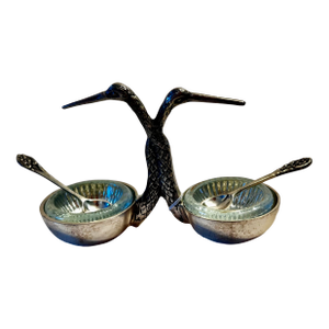Stork Bird Salt & Pepper Server With Glass Inserts and Spoons