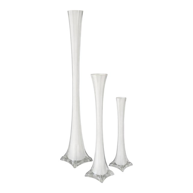 Graduated Sculptural Opaline Cased Art Glass Trumpet Vases – Set of Three (27.5”, 15.5”, 12.25”) For Sale