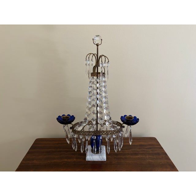 Early 20th Century Gustavian Crystal Girandole With Cobalt Glass and Marble For Sale - Image 12 of 13