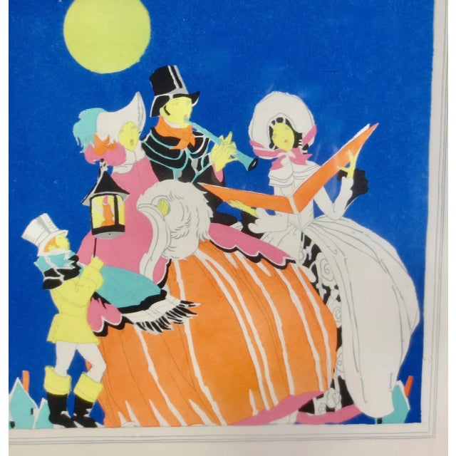 Art Deco Pochoir of Caroling Family on a Winter Night. Circa 1920-30s. Beautifully colored art print with a deep royal...