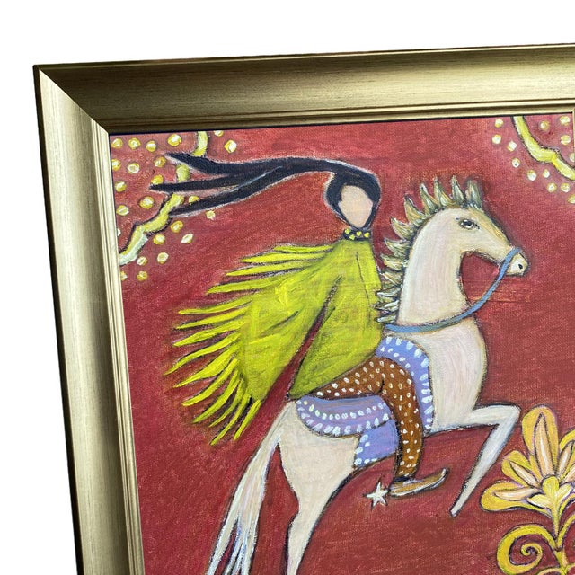 Folk Art Original Framed Horse & Rider Painting, Red Boho Figurative Wall Art, Oil Chalk on Canvas in Gold Frame, 14x14 Whimsical Folk Art Home Decor For Sale - Image 3 of 4
