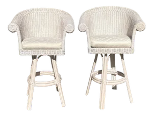 Henry Link White Wicker Swivel Barstools - a Pair