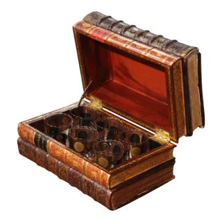 Mid-19th Century French Leather Bound Book Box With Six Old Fashioned Glasses For Sale