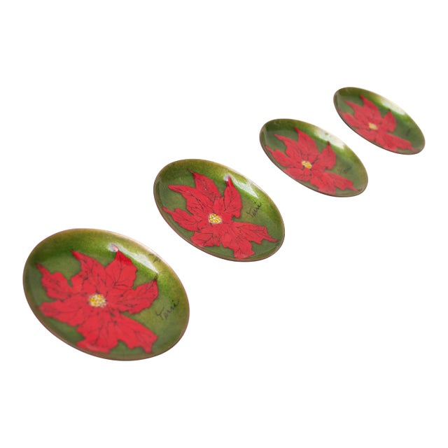 Set of Four Enamel on Copper "Poinsettia" Coasters / Decorative Plates With Original Box For Sale