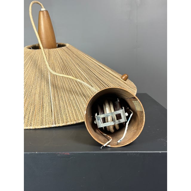 Large Mid-Century Teak and Sisal Cord Pendant Light from Temde Leuchten, 1960s For Sale - Image 10 of 11