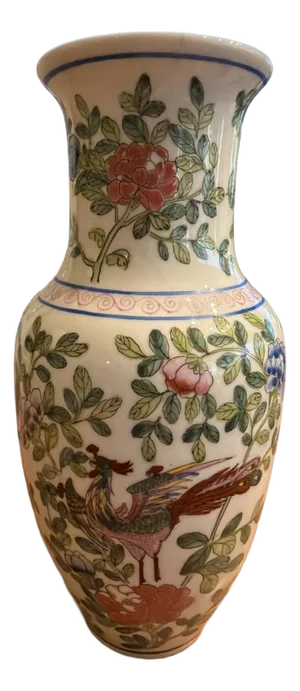 Late 20th Century Chinese Hand Painted Porcelain Vase Phoenix & Peony Motif 8.5” Floral Bird