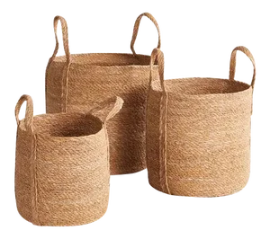 Seagrass Round Baskets With Long Handles from Kenneth Ludwig Chicago - Set of 3