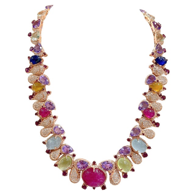 Bochic “Capri” Vintage Natural Ruby, Sapphire, Amethyst, Aquamarine & Peridot - Necklace and Earrings Set Made in 18K Gold...