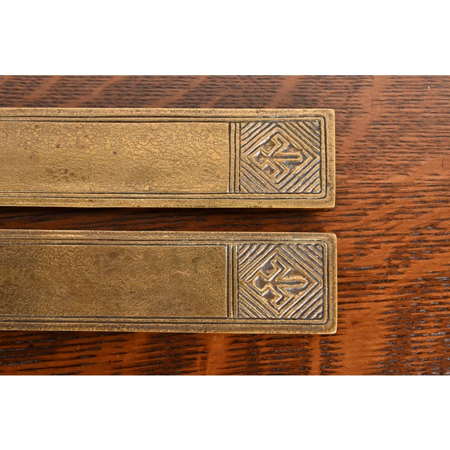 Metal Tiffany Studios New York American Indian Bronze Doré Blotter Ends With Leather Desk Blotter For Sale - Image 7 of 12