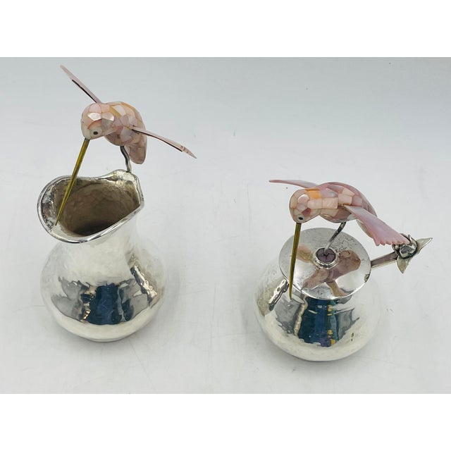 Silver Los Castillo Silver Hummingbird Creamer, Sugar & Ladle, Taxco 1960s For Sale - Image 8 of 18