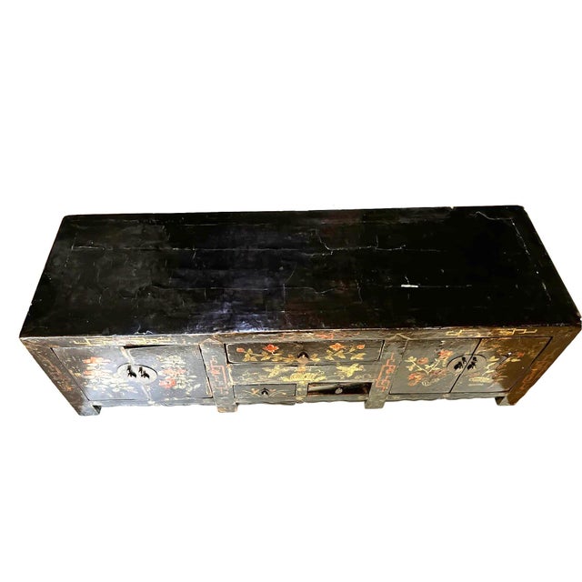 Late 19th Century Antique Chinese Painted Lacquer Low Cabinet For Sale - Image 5 of 12