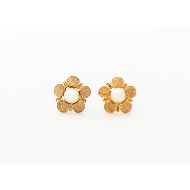 Floriform Cultured Pearl and Yellow Gold Earrings For Sale - Image 4 of 6