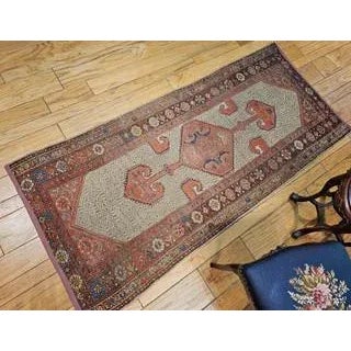 Late 19th Century Antique Persian Malayer Rug, Handwoven Geometric Pattern, Camelhair & Burgundy, 3’ X 7’ For Sale - Image 5 of 12