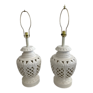 Hollywood Regency Large Scale Glazed White Ceramic Table Lamps - A Pair
