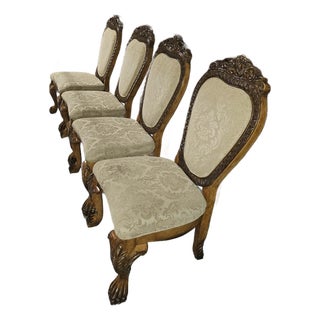 Vintage Set of 4 Carved French Louis XV Style Dining Chairs With Claw Feet & Damask Upholstery For Sale
