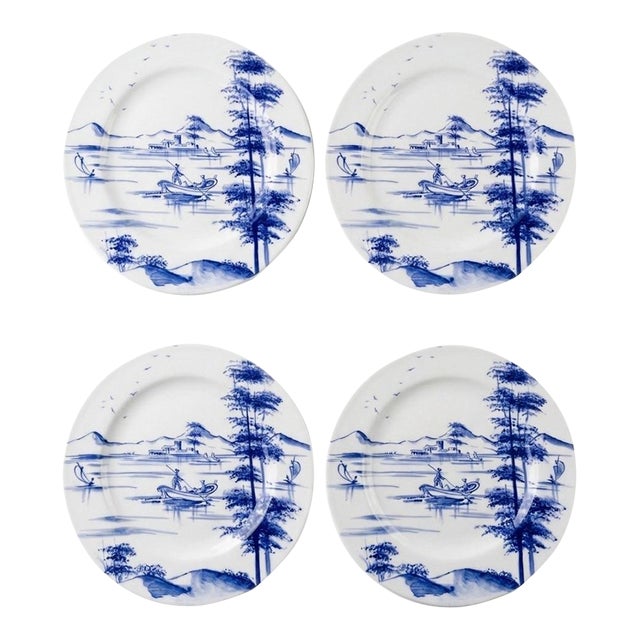 Vintage Laboratorio Paravicini Milano Hand-Painted Blue & White Landscape Plates - Set of 4 For Sale