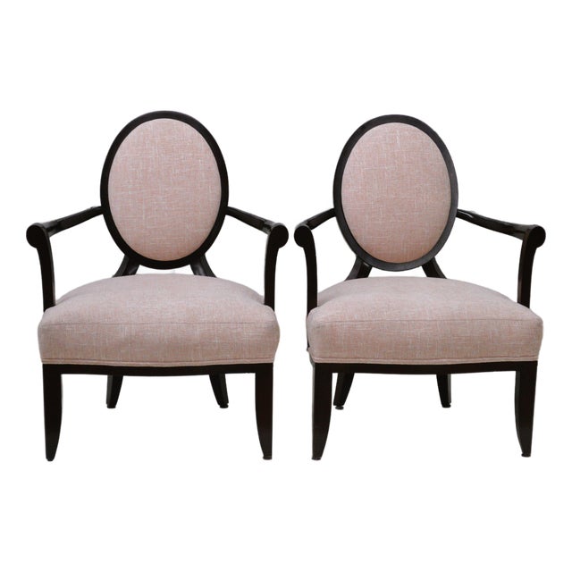 Barbara Barry Baker Furniture Pink Mahogany Frame Oval X Back Lounge Chairs a Pair For Sale