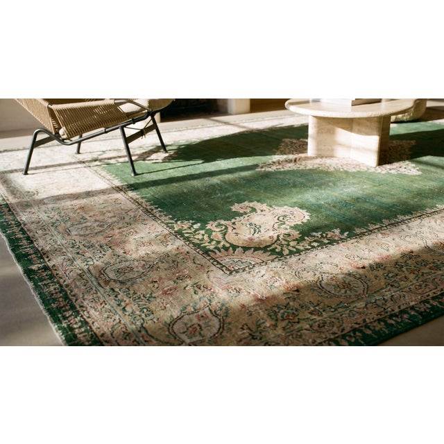 Magnificent Green Open Field With Intricate Floral Medallion Antique Indian Amritsar Rug For Sale - Image 12 of 13