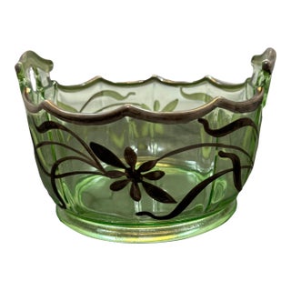 Rare Vtg. Green Uranium Glass Depression Bon Bon Candy Dish Curved Bow Handles For Sale