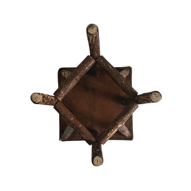 Wood Antique Rustic Adirondack / Arts & Crafts / Primitive Folk Art Twig / Branch Stool With Hand Painted Cushion For Sale - Image 7 of 9